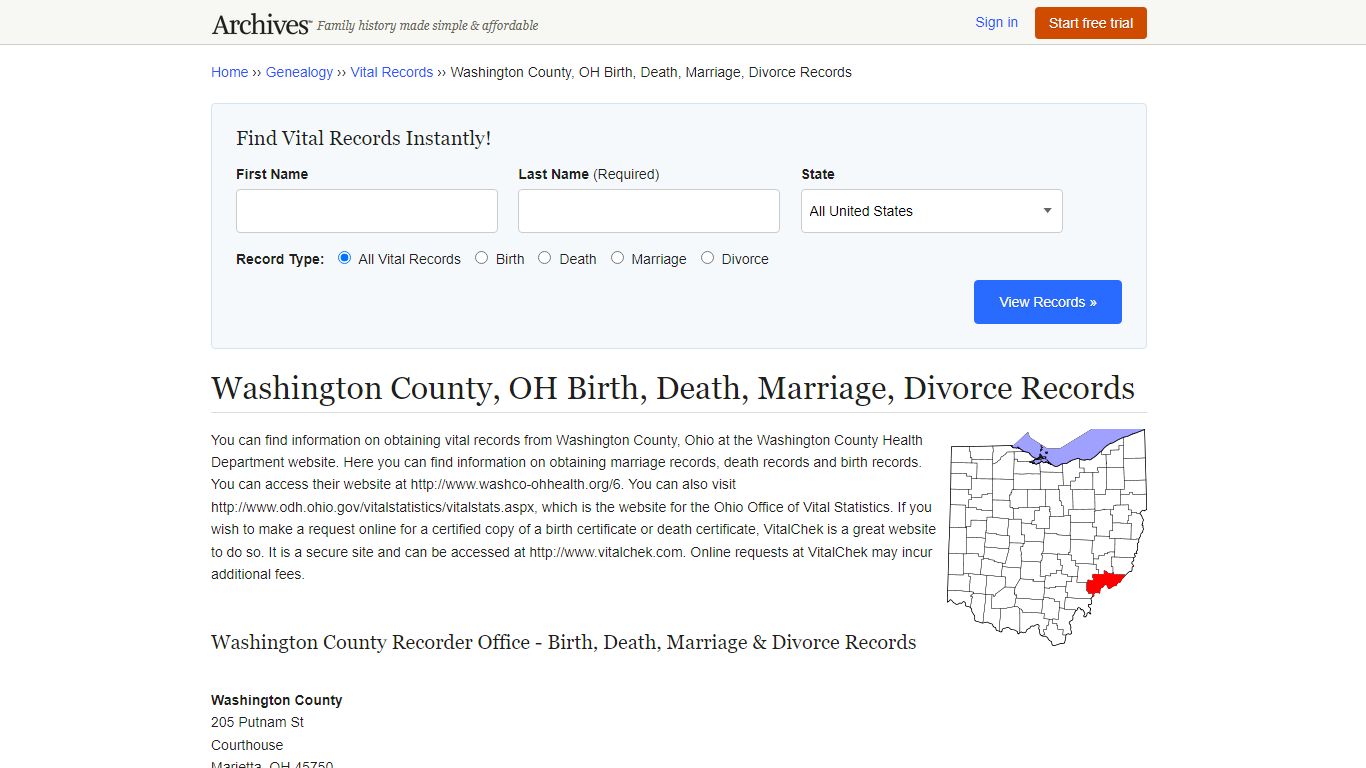 Washington County, OH Birth, Death, Marriage, Divorce Records